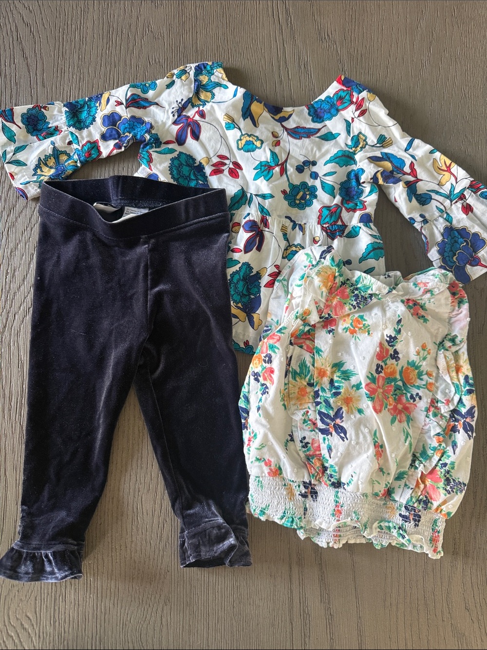 3-Piece Girls Floral Top & Legging Set - White Floral & Navy